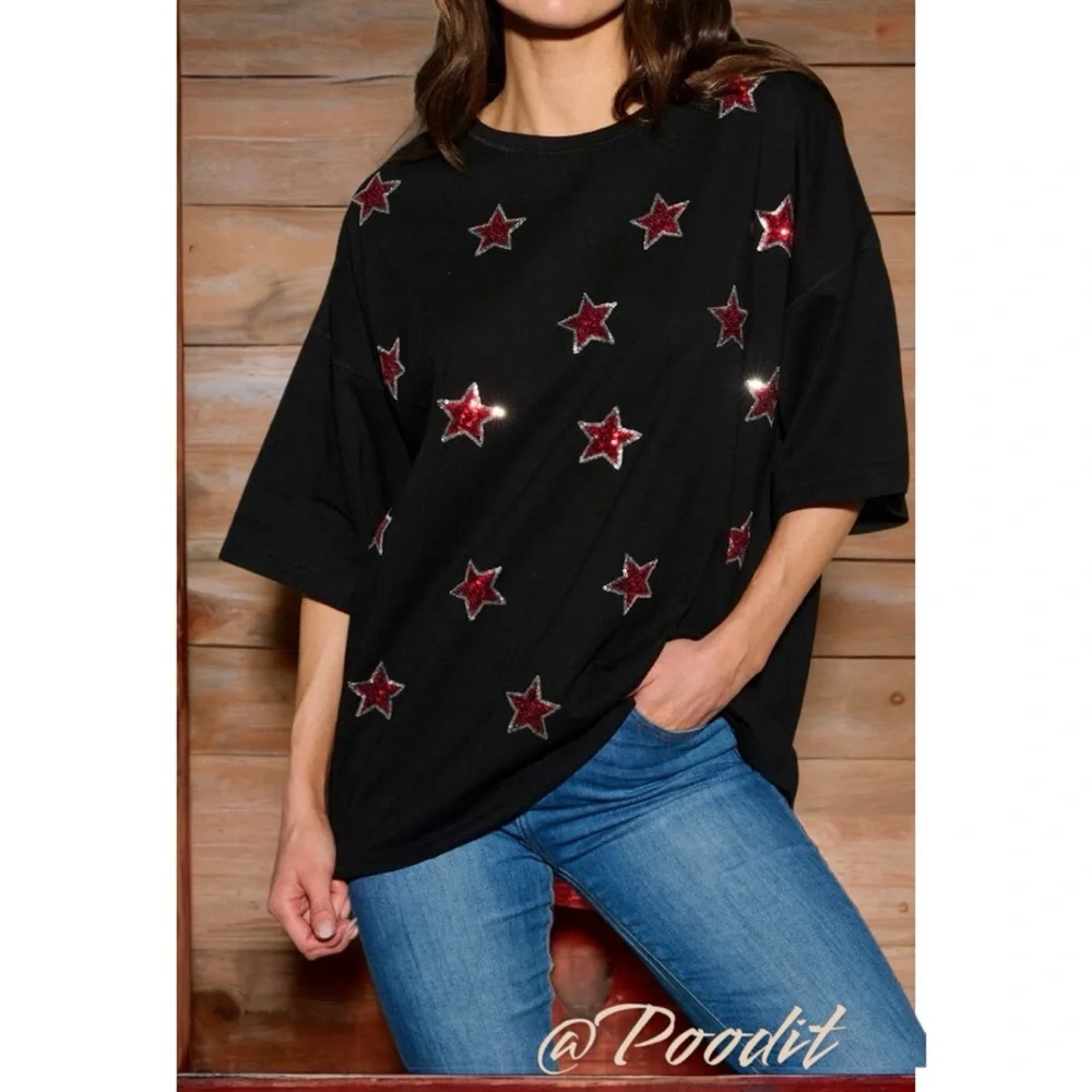 PEACH LOVE CALIFORNIA Sequin star black tunic tee S M L - Picture 3 of 10